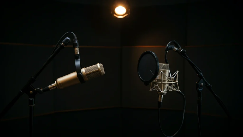 Two studio microphones in a dimly lit recording booth under a warm overhead spotlight.
