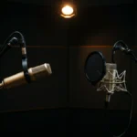 Two studio microphones in a dimly lit recording booth under a warm overhead spotlight.