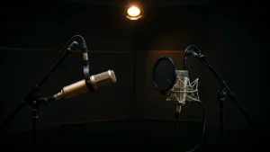 Two studio microphones in a dimly lit recording booth under a warm overhead spotlight.