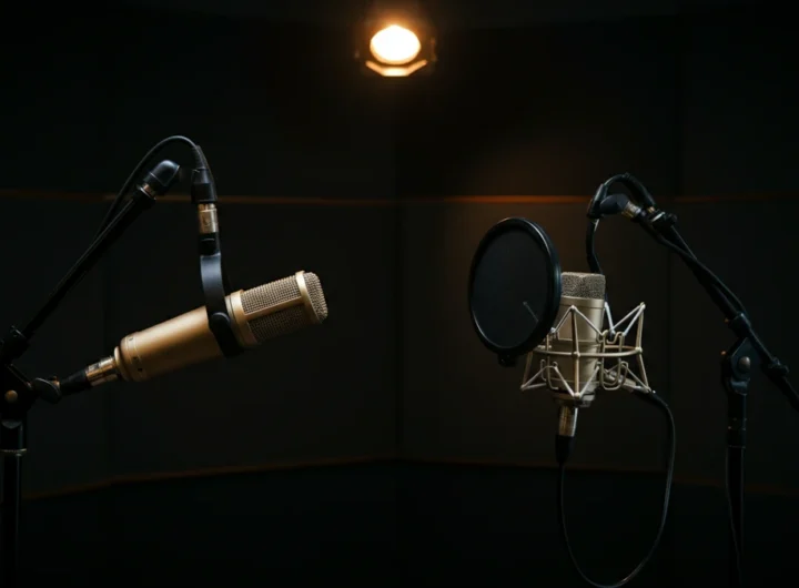 Two studio microphones in a dimly lit recording booth under a warm overhead spotlight.