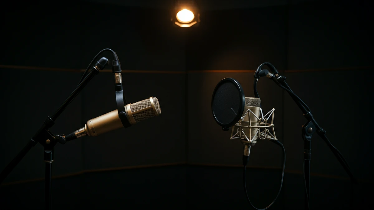 Two studio microphones in a dimly lit recording booth under a warm overhead spotlight.