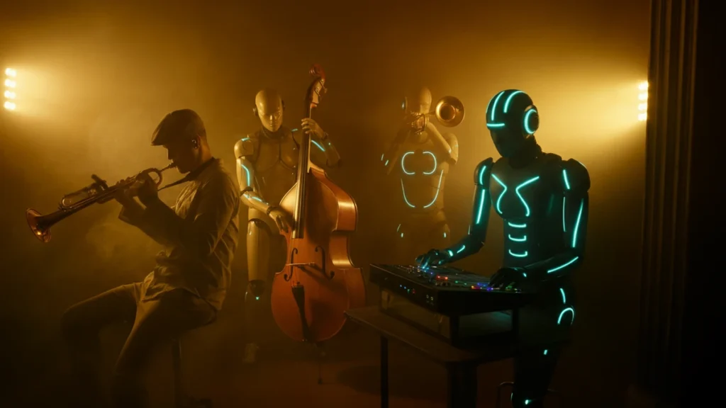 Human musicians and neon-lit AI robots playing saxophone, double bass, trumpet and a beat machine in a smoky jazz club