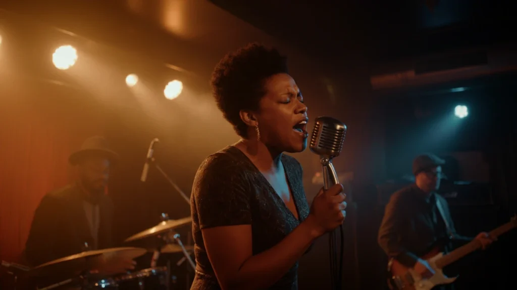 A female neo-soul singer performs passionately into a vintage microphone on a dimly lit stage in an intimate music club.