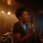A female neo-soul singer performs passionately into a vintage microphone on a dimly lit stage in an intimate music club.