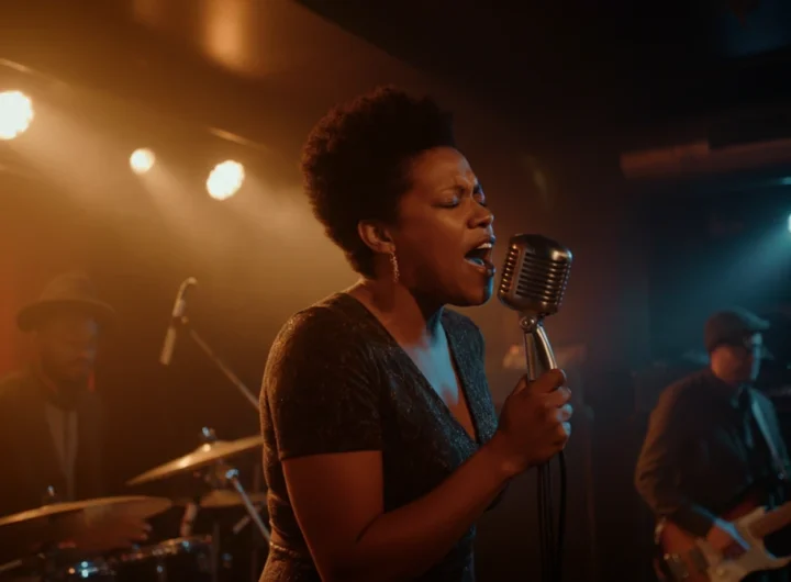 A female neo-soul singer performs passionately into a vintage microphone on a dimly lit stage in an intimate music club.