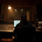 A hip-hop producer seen from behind at a mixing console in a dimly lit, professional recording studio.