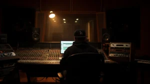 A hip-hop producer seen from behind at a mixing console in a dimly lit, professional recording studio.