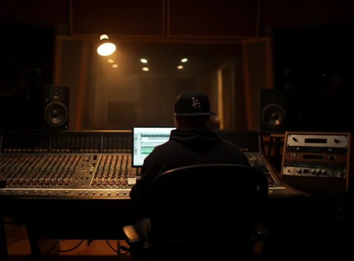 A hip-hop producer seen from behind at a mixing console in a dimly lit, professional recording studio.