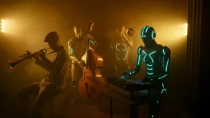 Human musicians and neon-lit AI robots playing saxophone, double bass, trumpet and a beat machine in a smoky jazz club