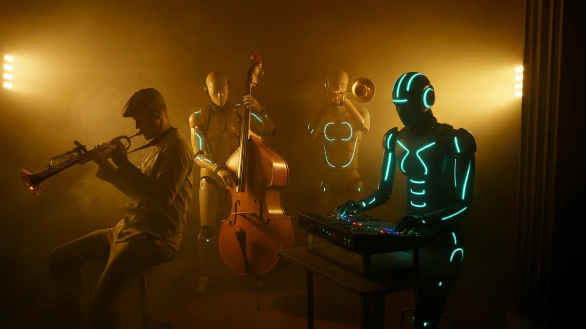 Human musicians and neon-lit AI robots playing saxophone, double bass, trumpet and a beat machine in a smoky jazz club
