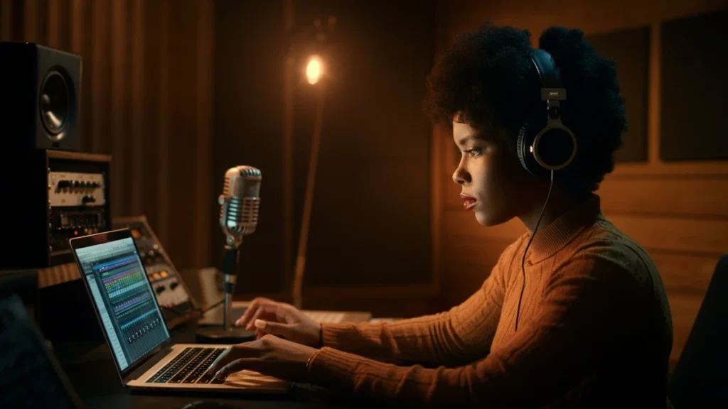 A young female soul singer with headphones on, working at a mixing desk in a warmly lit recording studio.