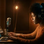 A young female soul singer with headphones on, working at a mixing desk in a warmly lit recording studio.