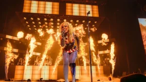 Doja Cat performs in front of a wall of fire on the Tour Ma Vie World Tour at The O2 in London
