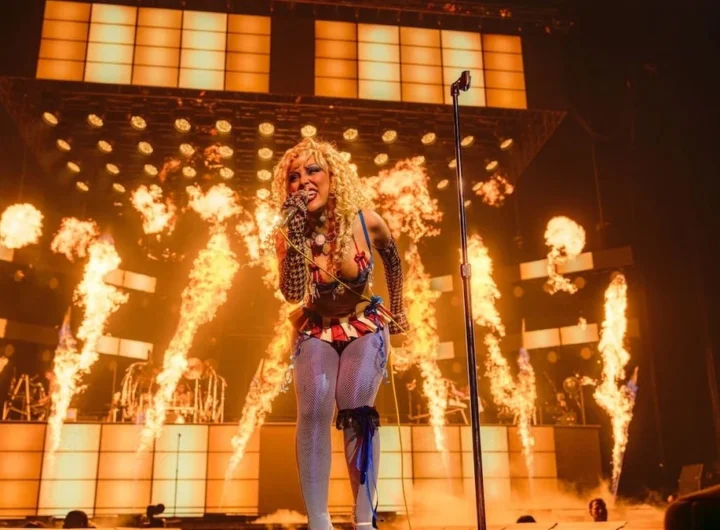 Doja Cat performs in front of a wall of fire on the Tour Ma Vie World Tour at The O2 in London