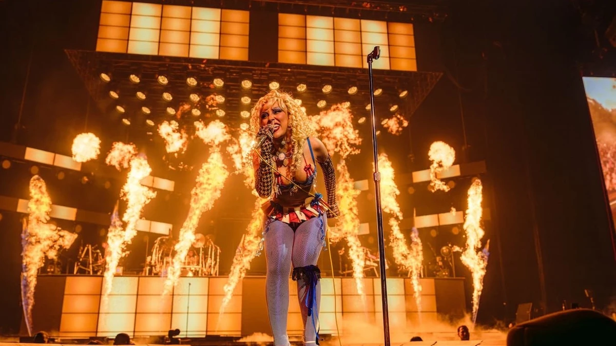 Doja Cat performs in front of a wall of fire on the Tour Ma Vie World Tour at The O2 in London